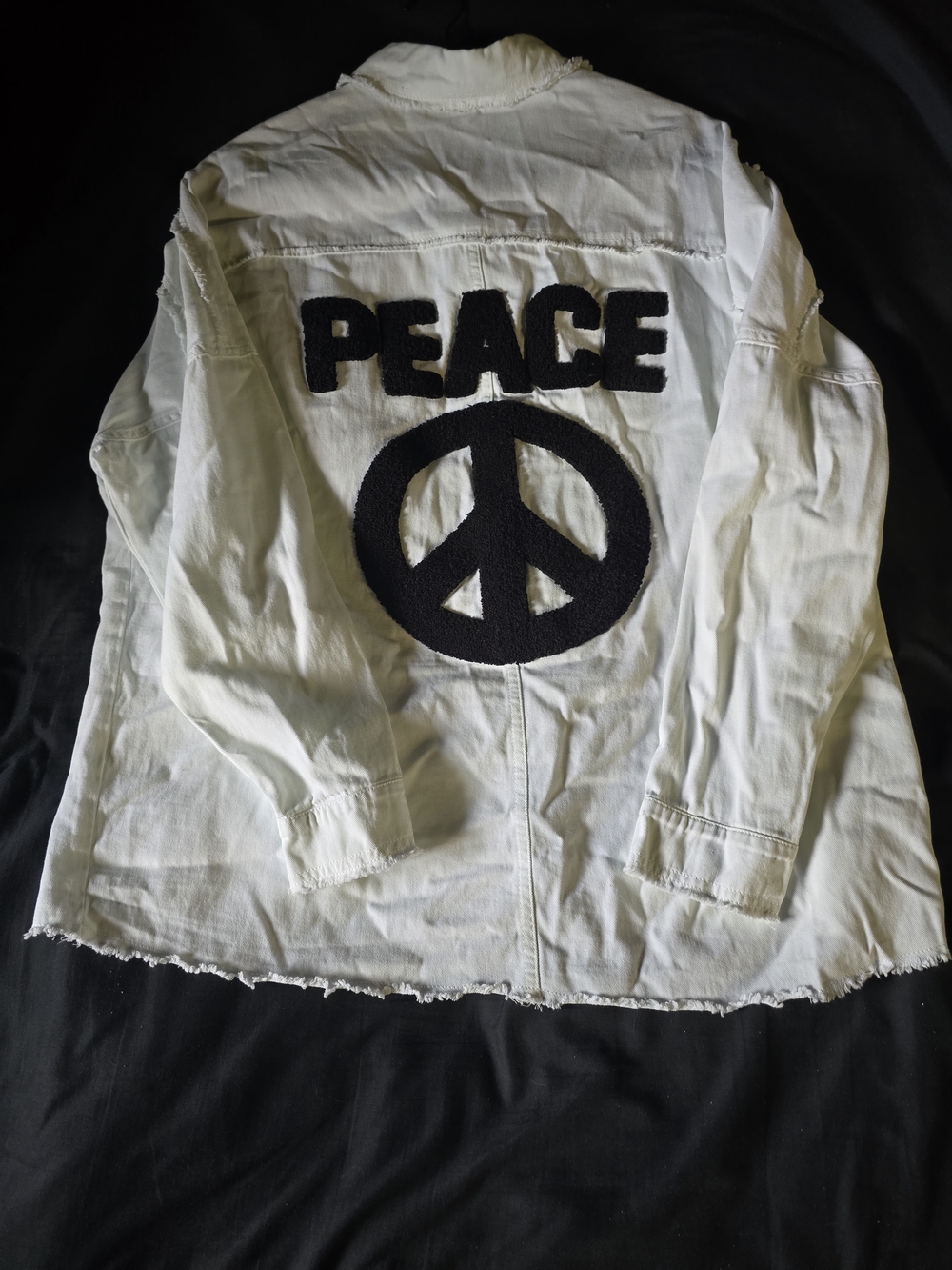 DAVI & DANI White Jacket with Black 'PEACE' Chenille Patch